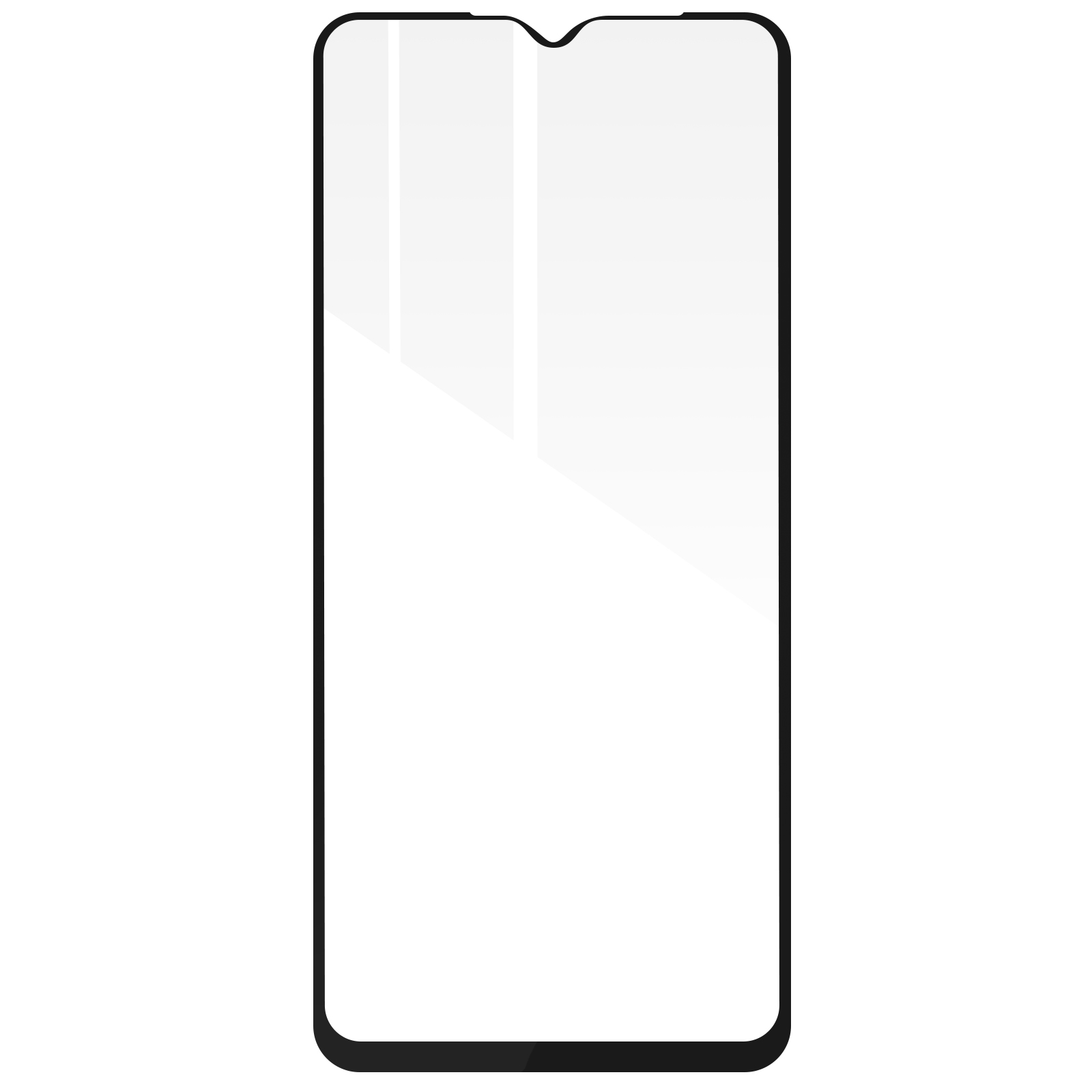 Una protezione per lo schermo di uno smartphone. Ha un bordo nero e un intaglio in alto. L'interno è trasparente.