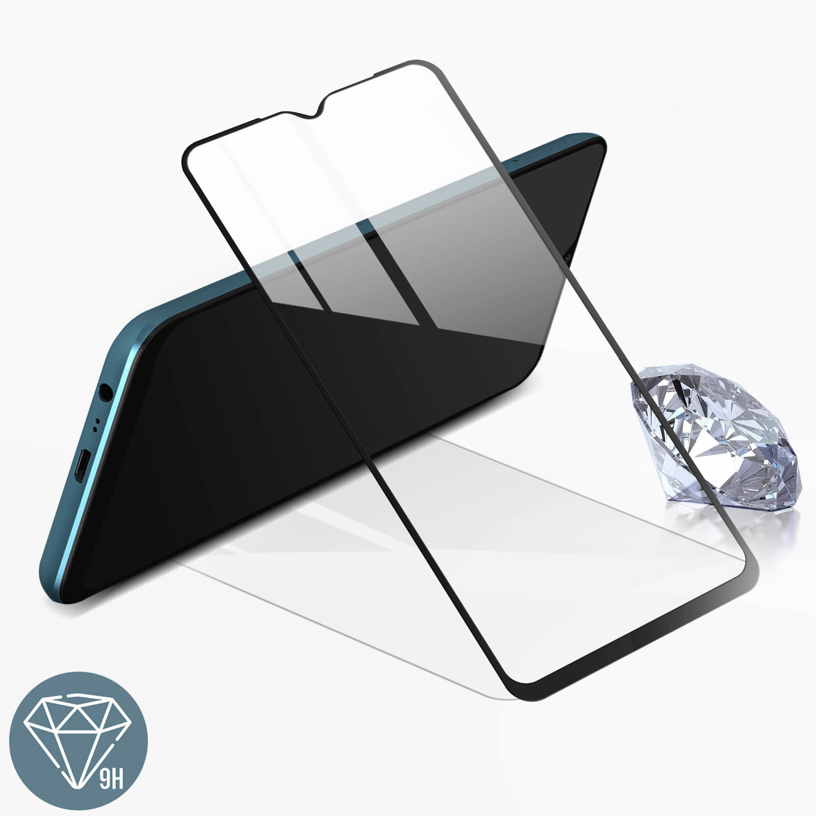 Un telefono con protezione schermo e un diamante. Il telefono è nero con cornice blu, la protezione è trasparente.