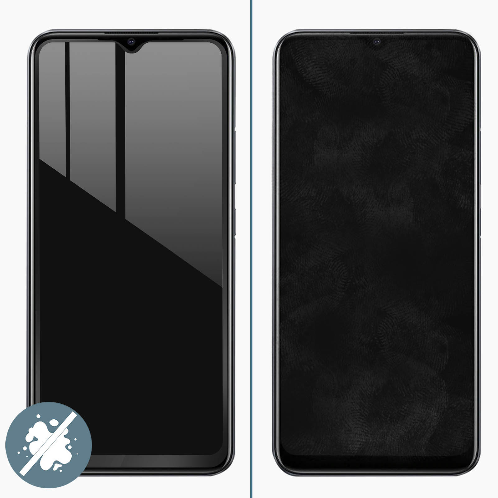 Due smartphone affiancati. Lo schermo del telefono a sinistra è riflettente e quello a destra è scuro con impronte digitali visibili.