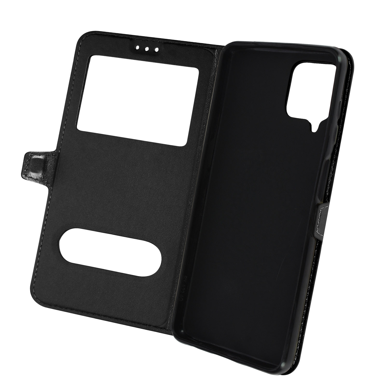 Étui portefeuille noir ouvert. À l'intérieur, coque noire avec fenêtre et fente pour carte.