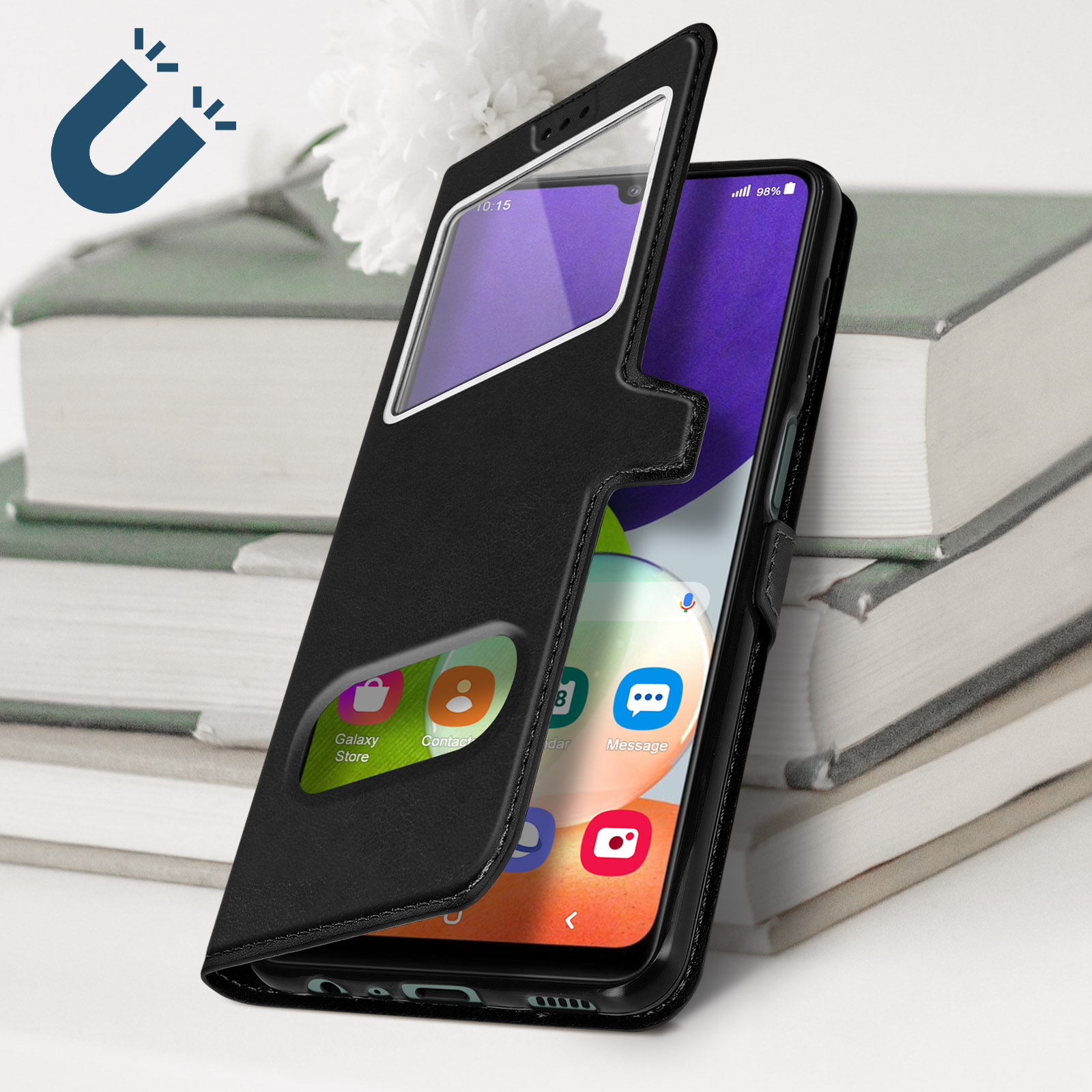 Étui de téléphone noir avec écran affichant des applications. Un signe magnétique apparaît au-dessus du téléphone.