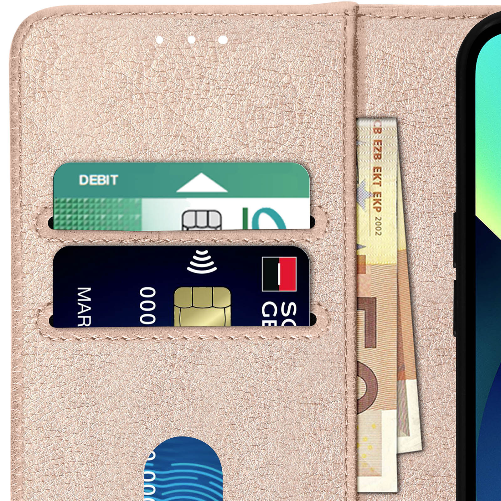 Una custodia rosa con carte e denaro all'interno.