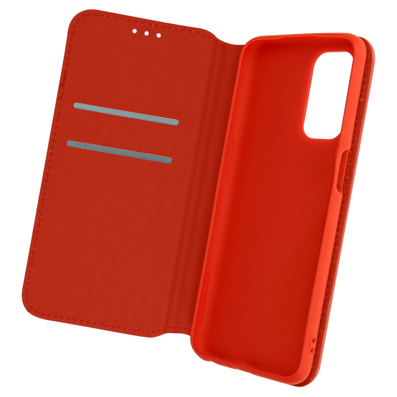 Open rode telefoonhoes met een rood interieur en de sleuf voor de telefoon.