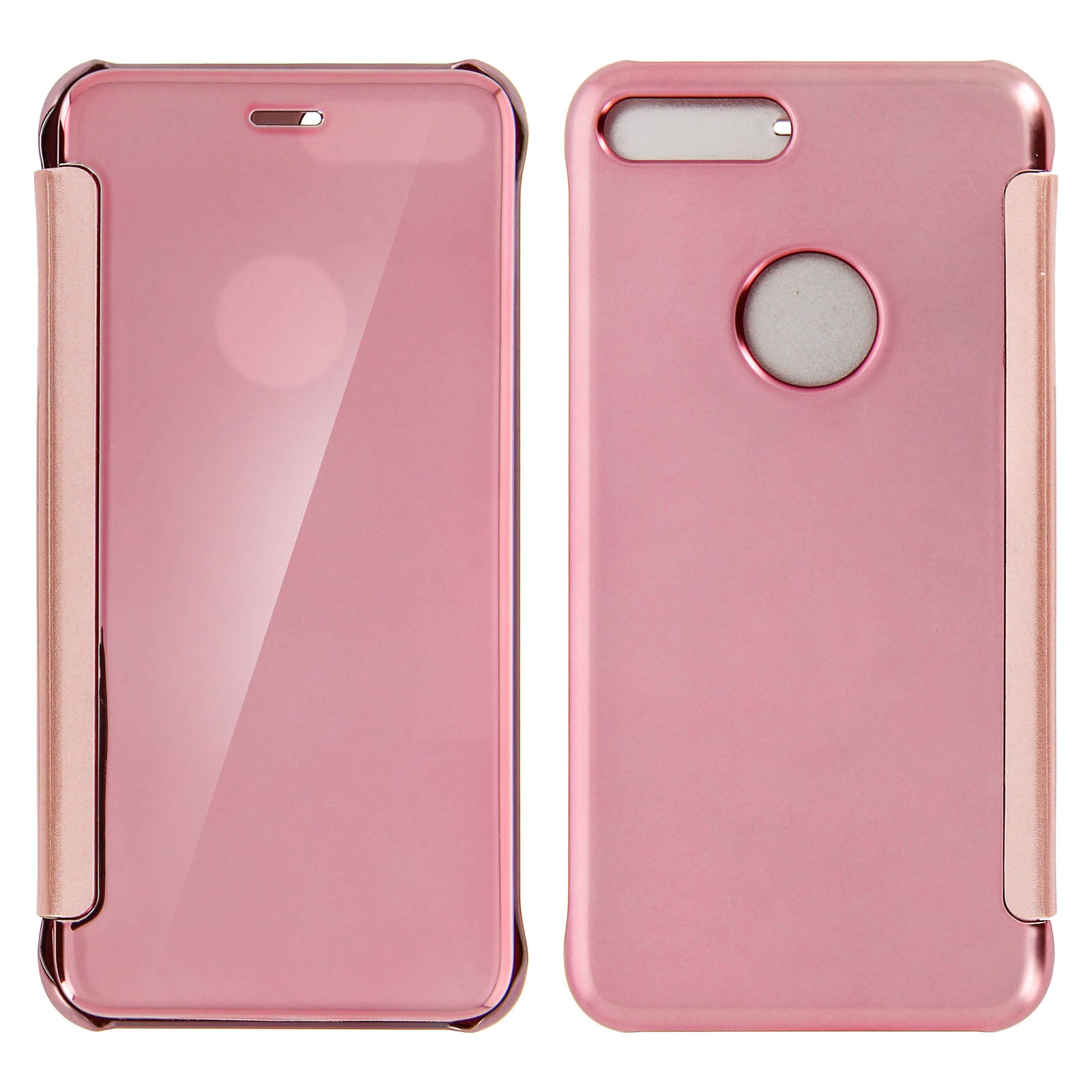 Custodia per telefono rosa, aperta e chiusa. La custodia chiusa mostra uno schermo riflettente, l'altra un foro per la fotocamera.