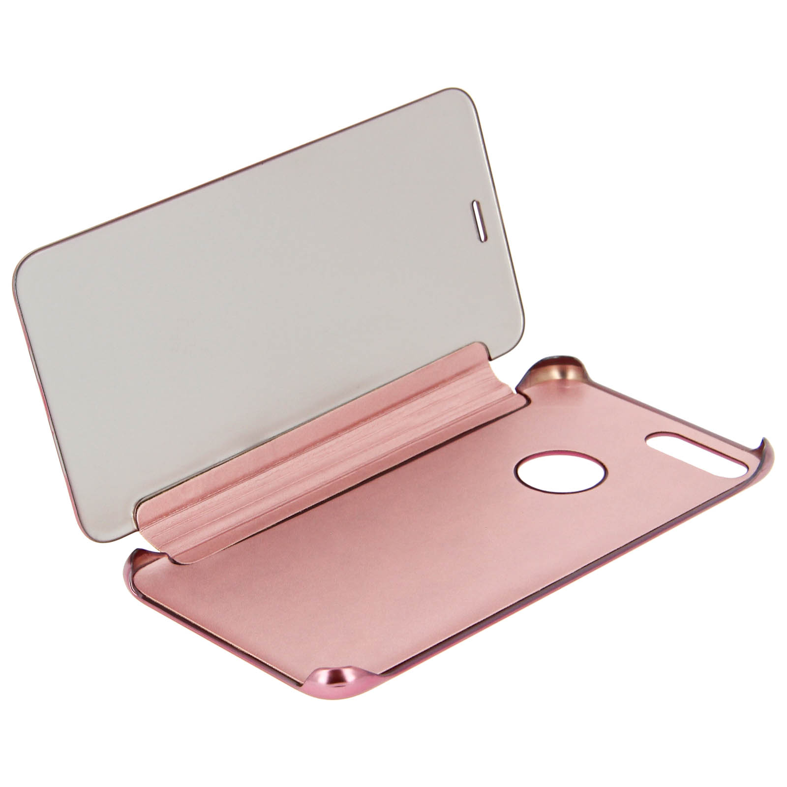 Una custodia per telefono rosa è aperta. È una custodia a libro, con uno specchio sul coperchio interno.