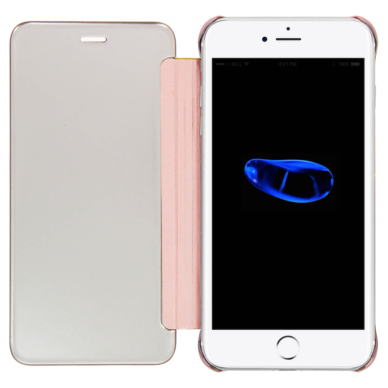 Smartphone con custodia rosa, aperto allo schermo, con sfondo bianco.