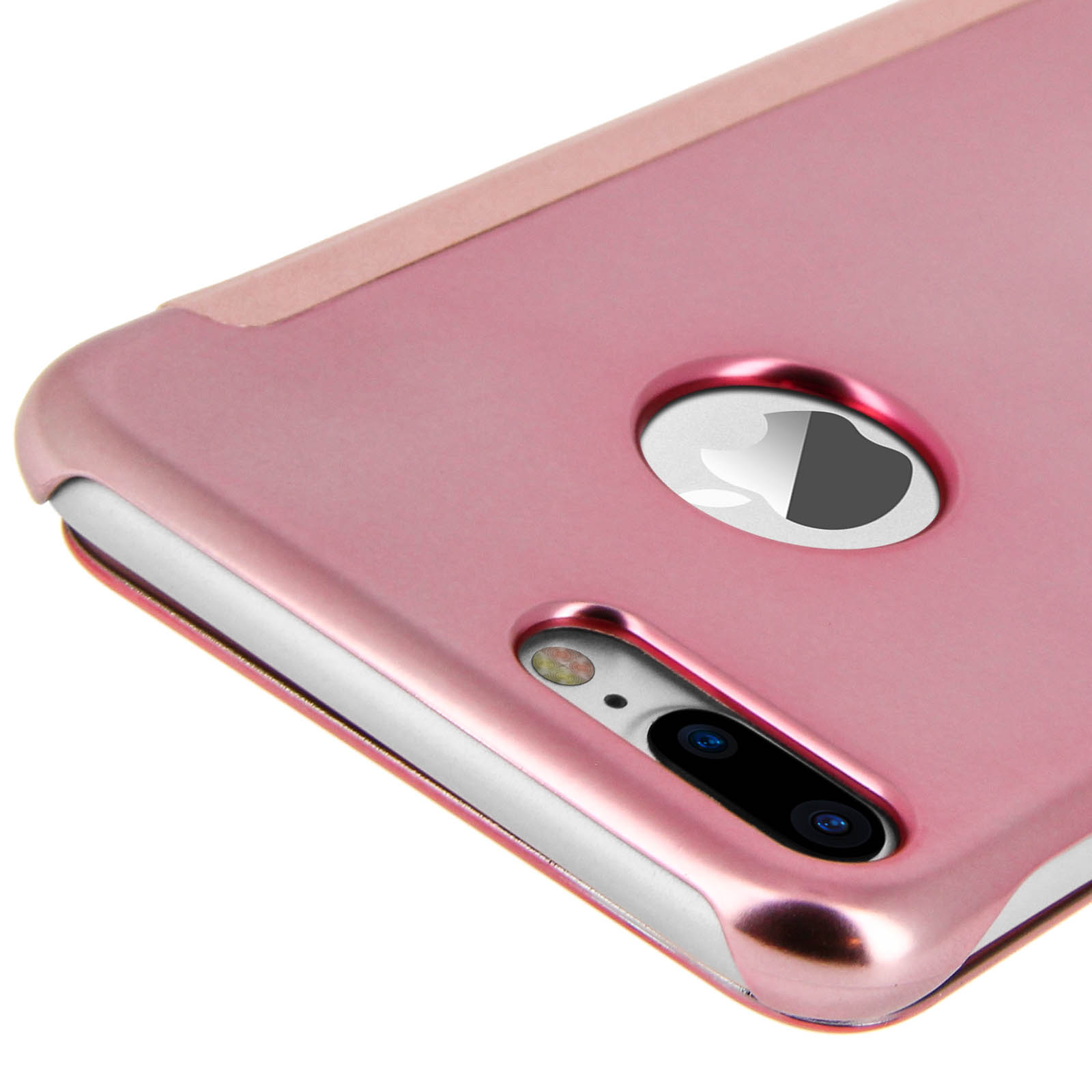 Custodia rosa, primo piano dell'area della fotocamera e dei pulsanti.