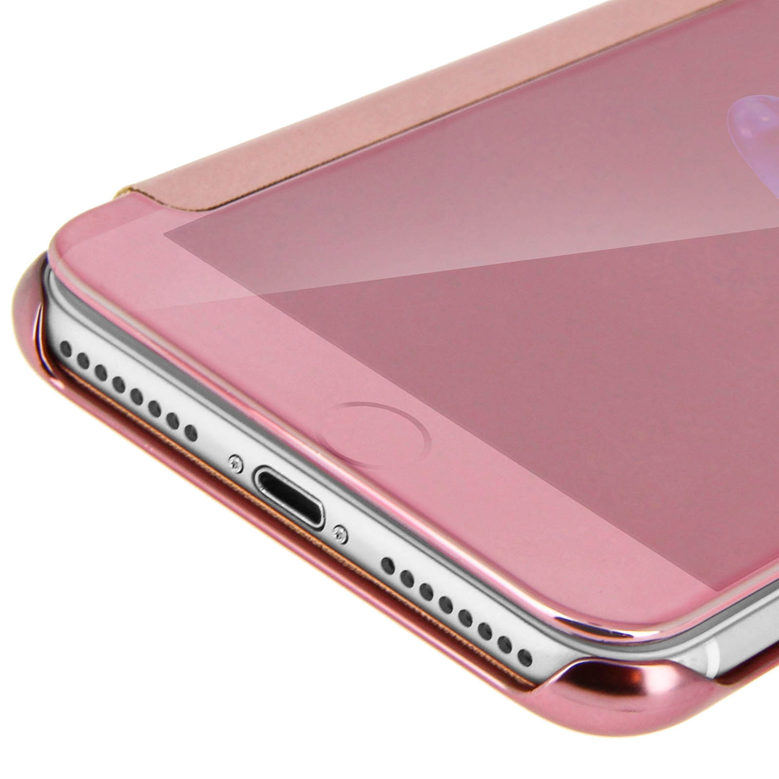 Primo piano della custodia rosa del telefono. La custodia è su una superficie bianca con un bordo metallico.