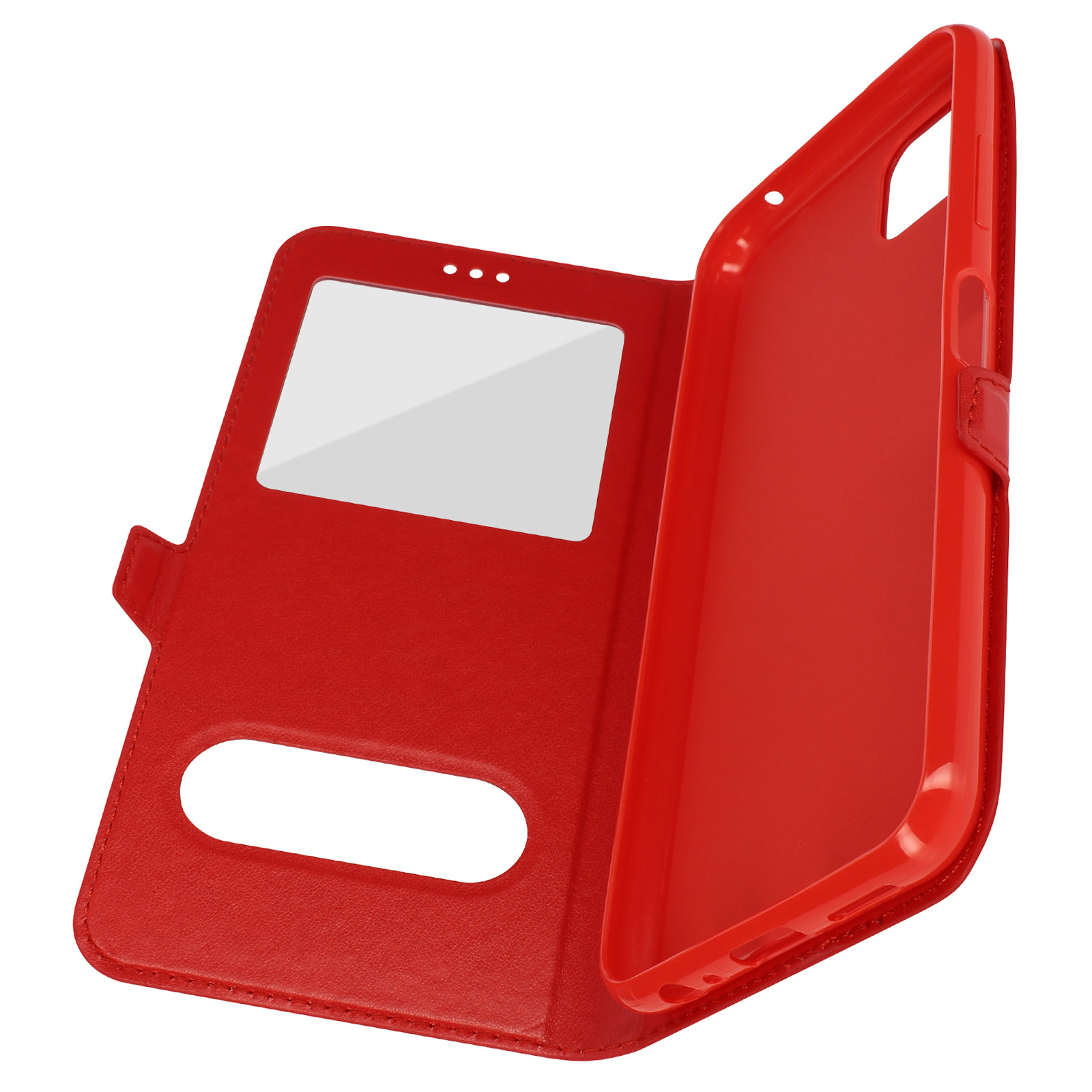 Coque de téléphone rouge ouverte. Le téléphone n'est pas dedans. La coque est rouge. Le fond est blanc.
