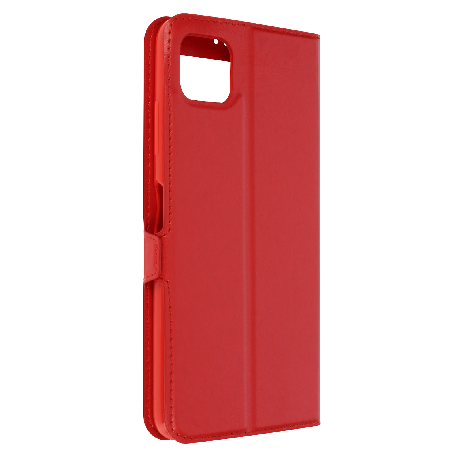 Une coque de téléphone rouge avec une fermeture magnétique. Elle est fermée et debout.