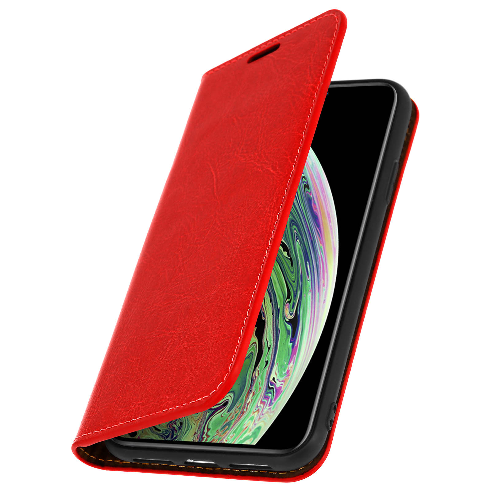 Una custodia rossa con coperchio aperto, che mostra lo schermo con sfondo colorato.