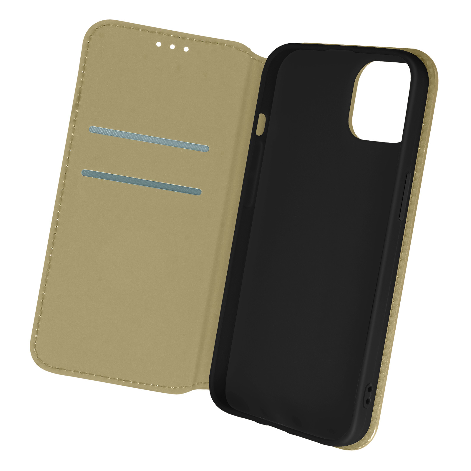 Khaki telefoonhoes open, toont de binnenkant van de telefoon en de camera-uitsparing. Beige en zwart.