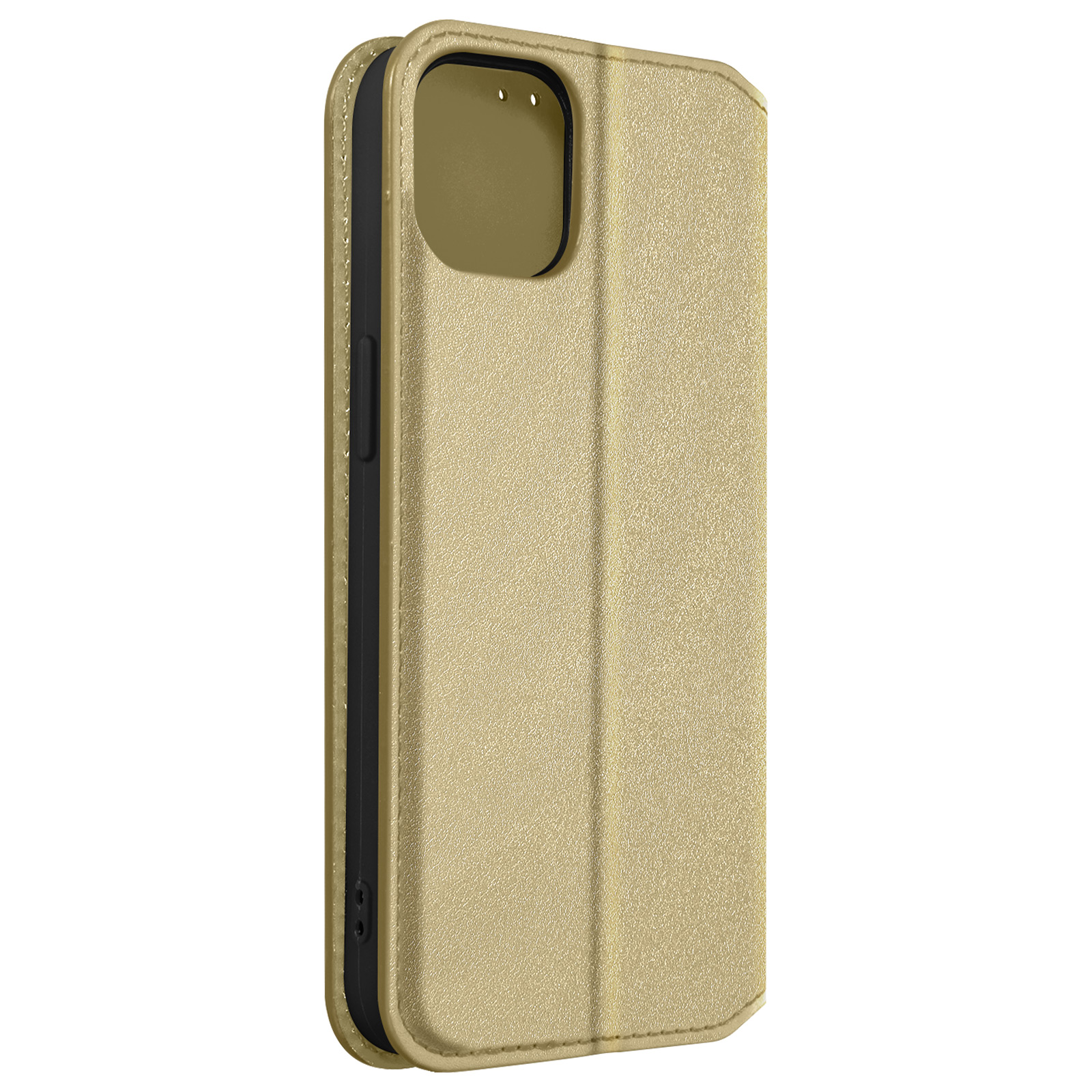 Gouden telefoonhoes gesloten, camera-uitsparing zichtbaar. Getextureerd oppervlak.