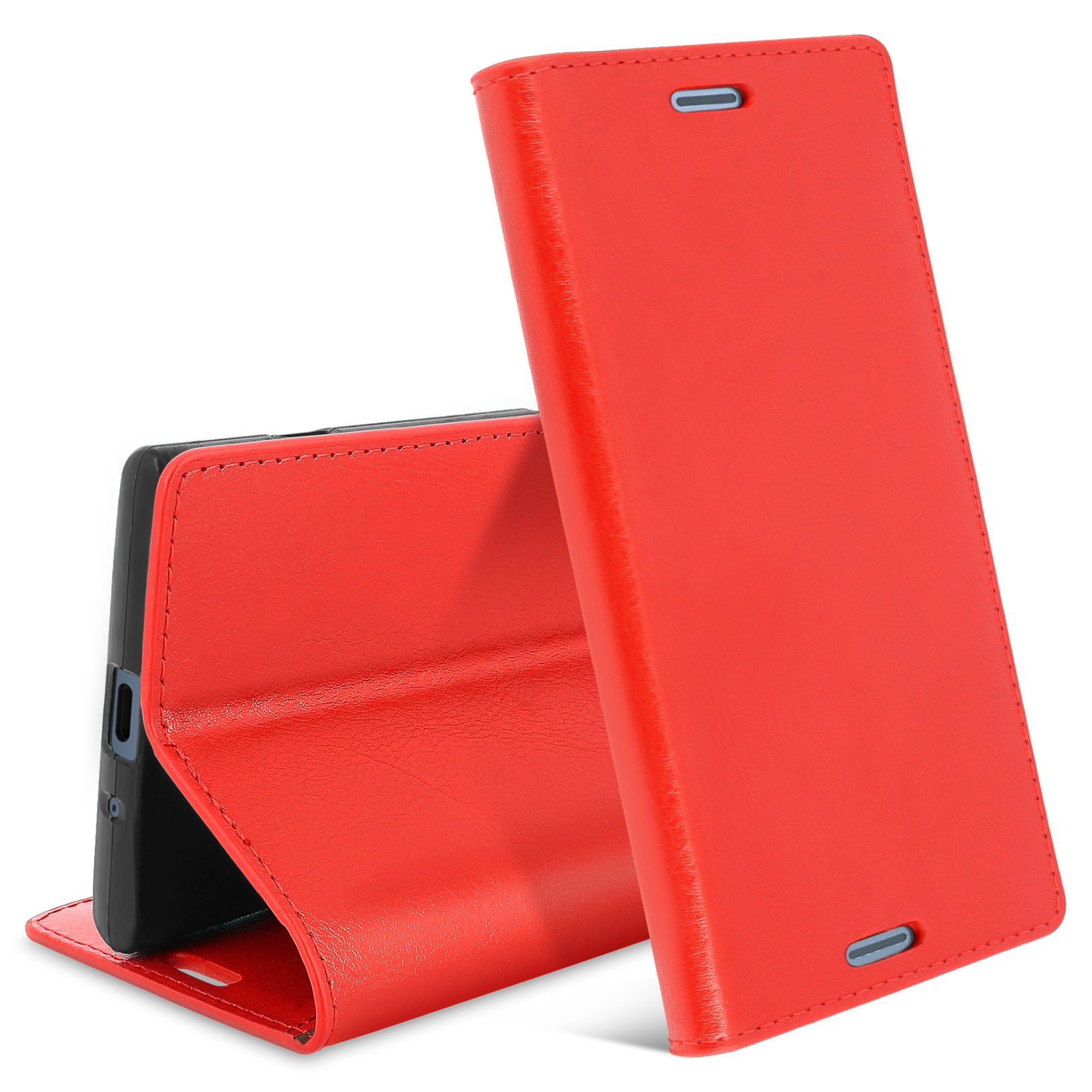 Custodia rossa per telefono, aperta, che mostra il telefono e chiusa. La custodia è simile alla pelle con cuciture e ritagli.