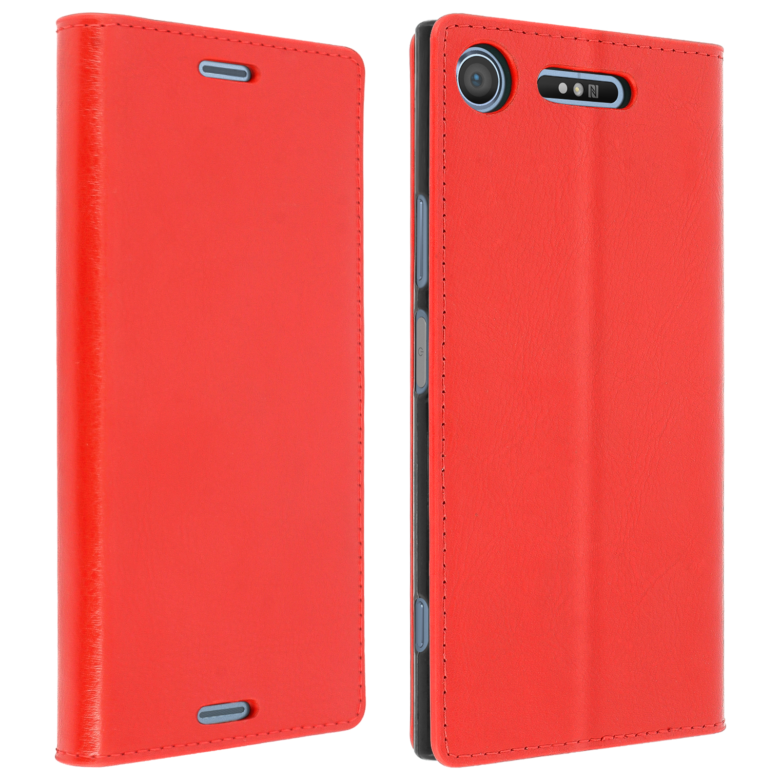 Custodia rossa per telefono, aperta. Due lati. Sfondo rosso. Pulsanti laterali blu. Telefono nero.