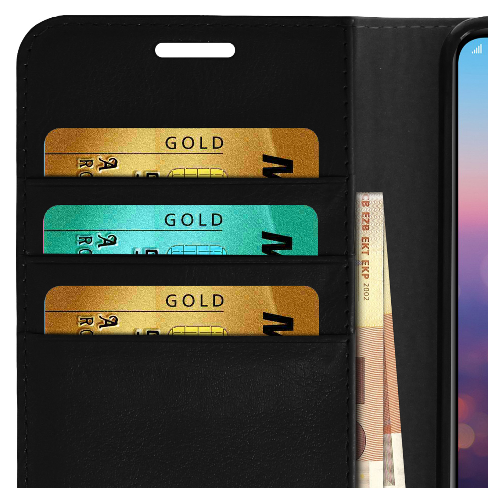 Custodia per telefono con fessure per carte di credito. Nera, con tre carte d'oro e contanti.
