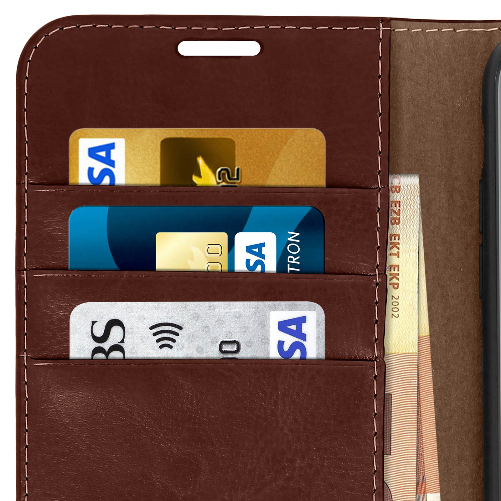 Custodia per telefono in pelle marrone con carte e contanti all'interno. Carte visibili Visa e Tron.