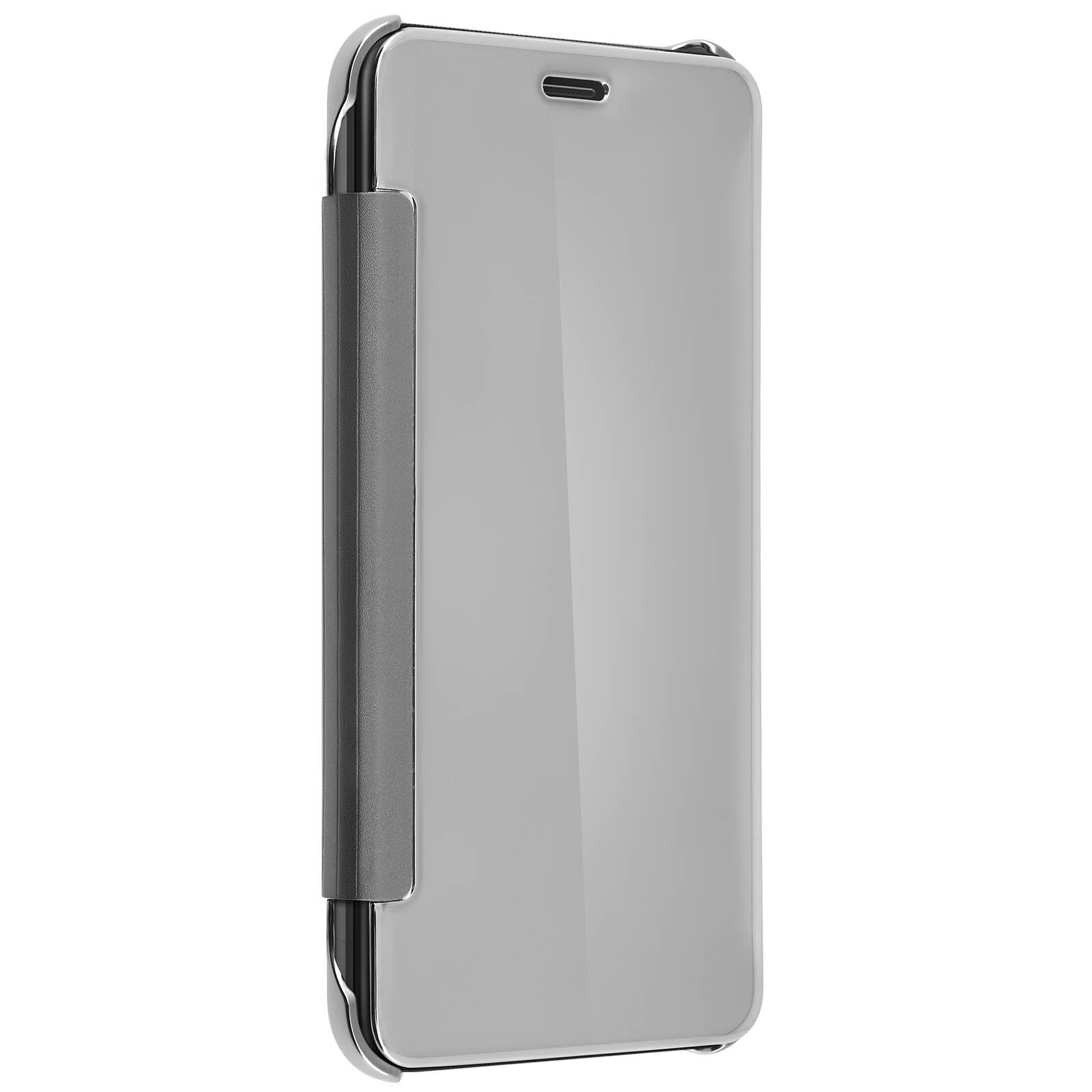 Una custodia per telefono argentata lucida, chiusa. Ha una fascia grigio scuro sul lato sinistro.