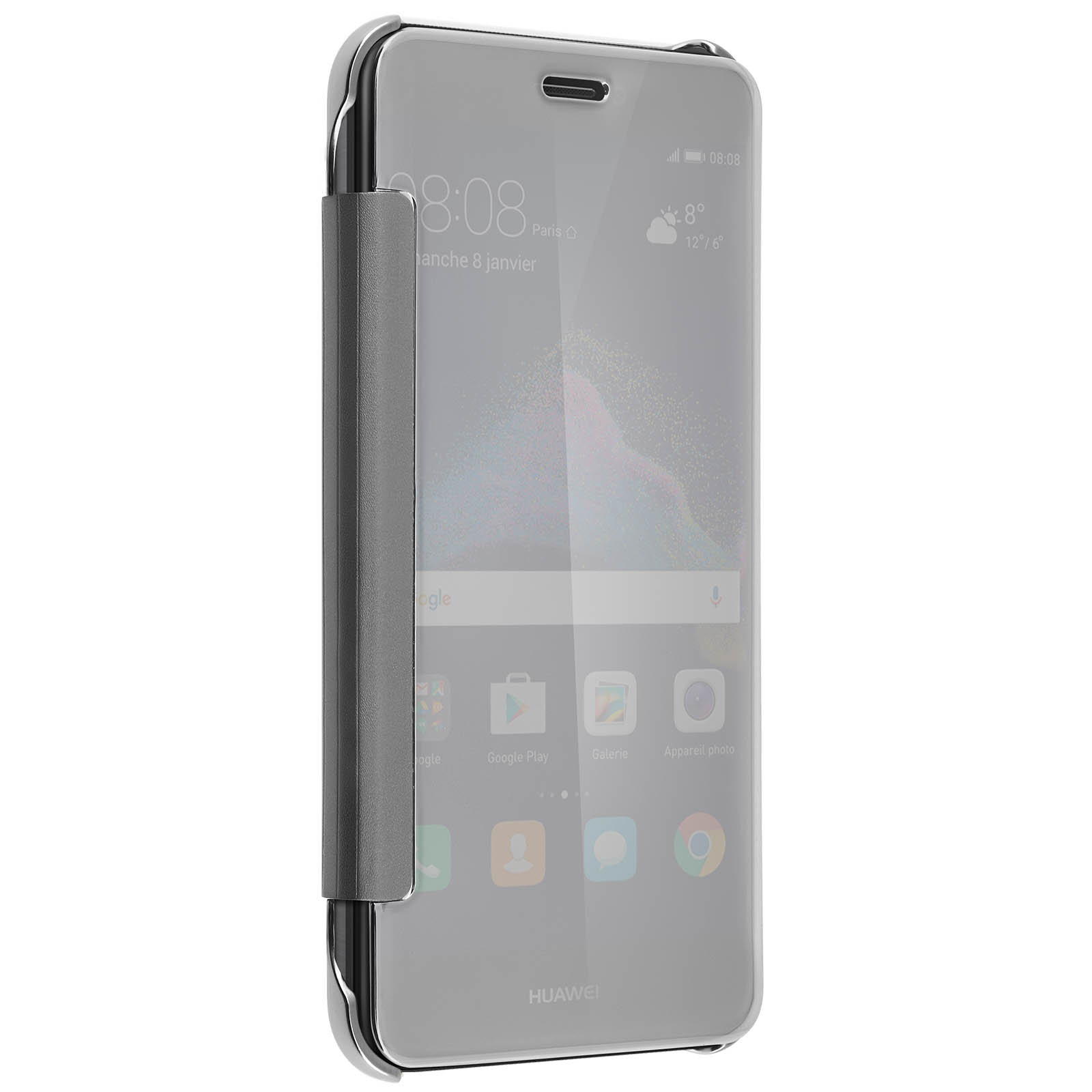 Telefono in custodia, ora visualizzata, con cover trasparente. Custodia grigia sul lato.