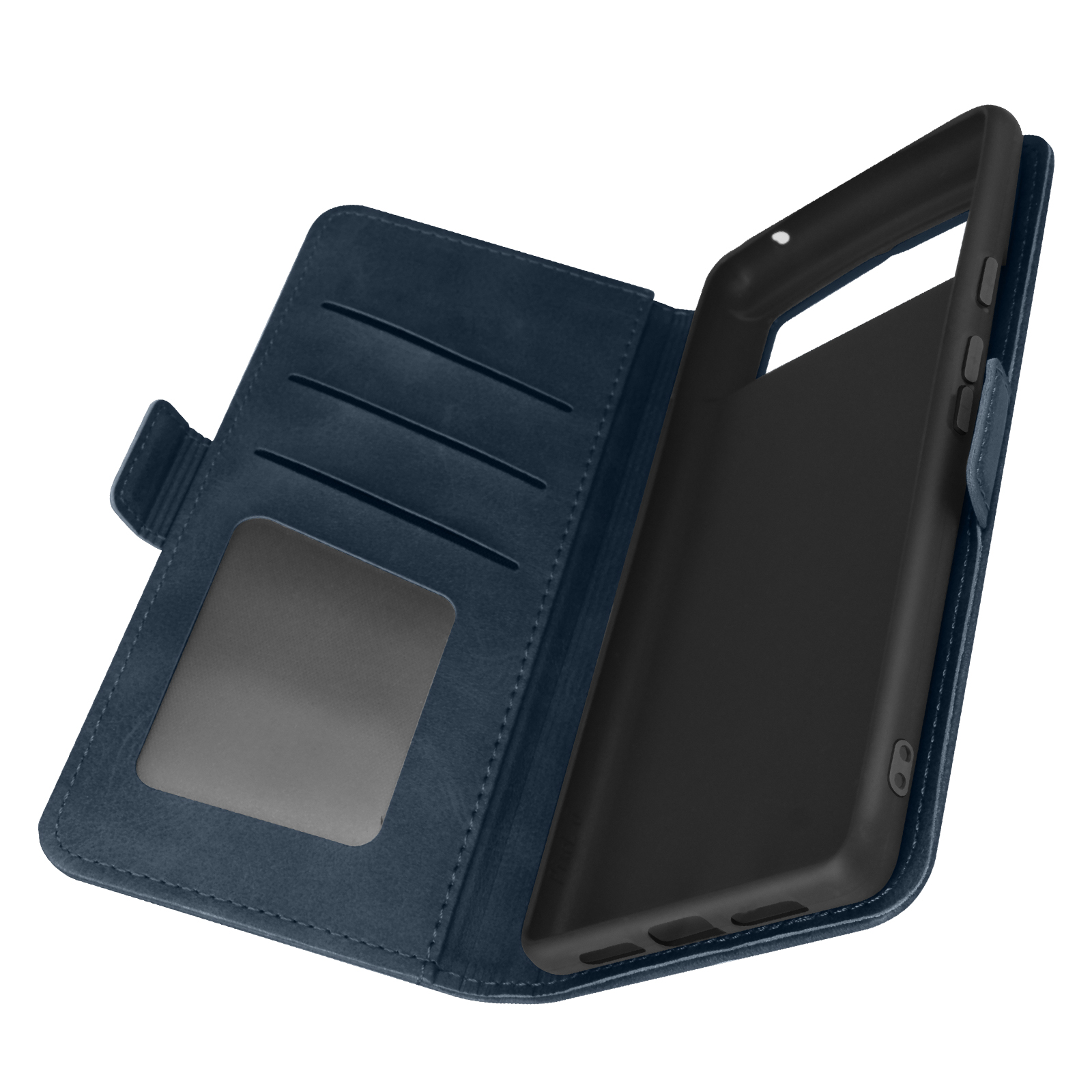 Open, blauwe telefoonhoes met kaartsleuven. De telefoon zit er niet in.