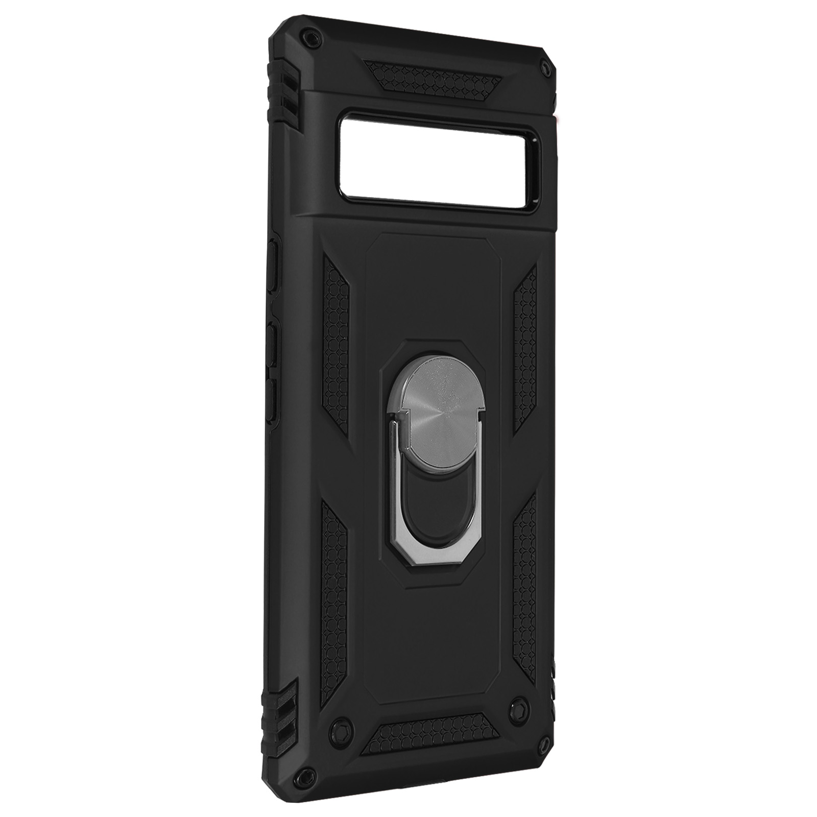 Custodia nera per telefono con supporto ad anello argentato. Custodia dal design robusto.
