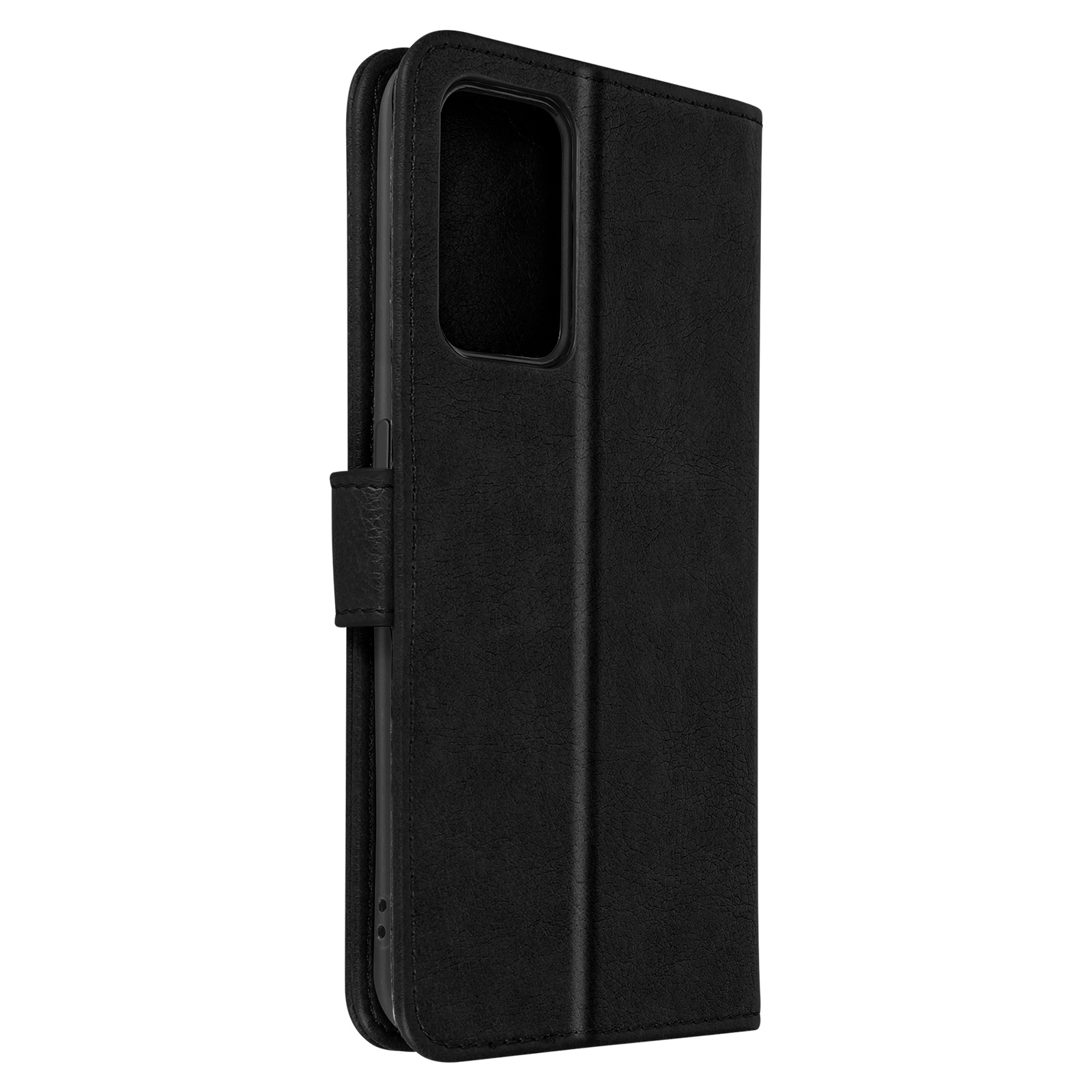 Zwarte leren telefoonhoes, gesloten, met magnetische sluiting. De hoes is getextureerd.