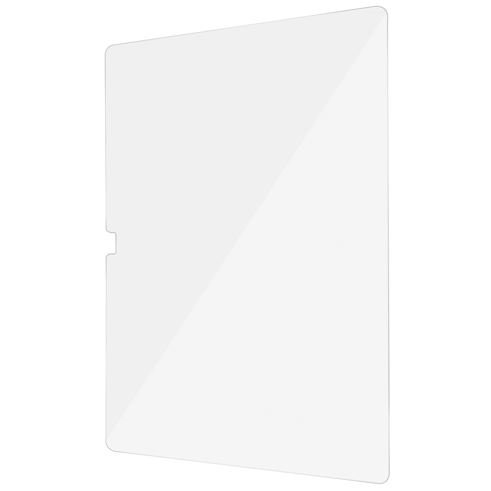 Protecteur d'écran transparent, forme rectangulaire, coins légèrement arrondis, sur fond blanc.
