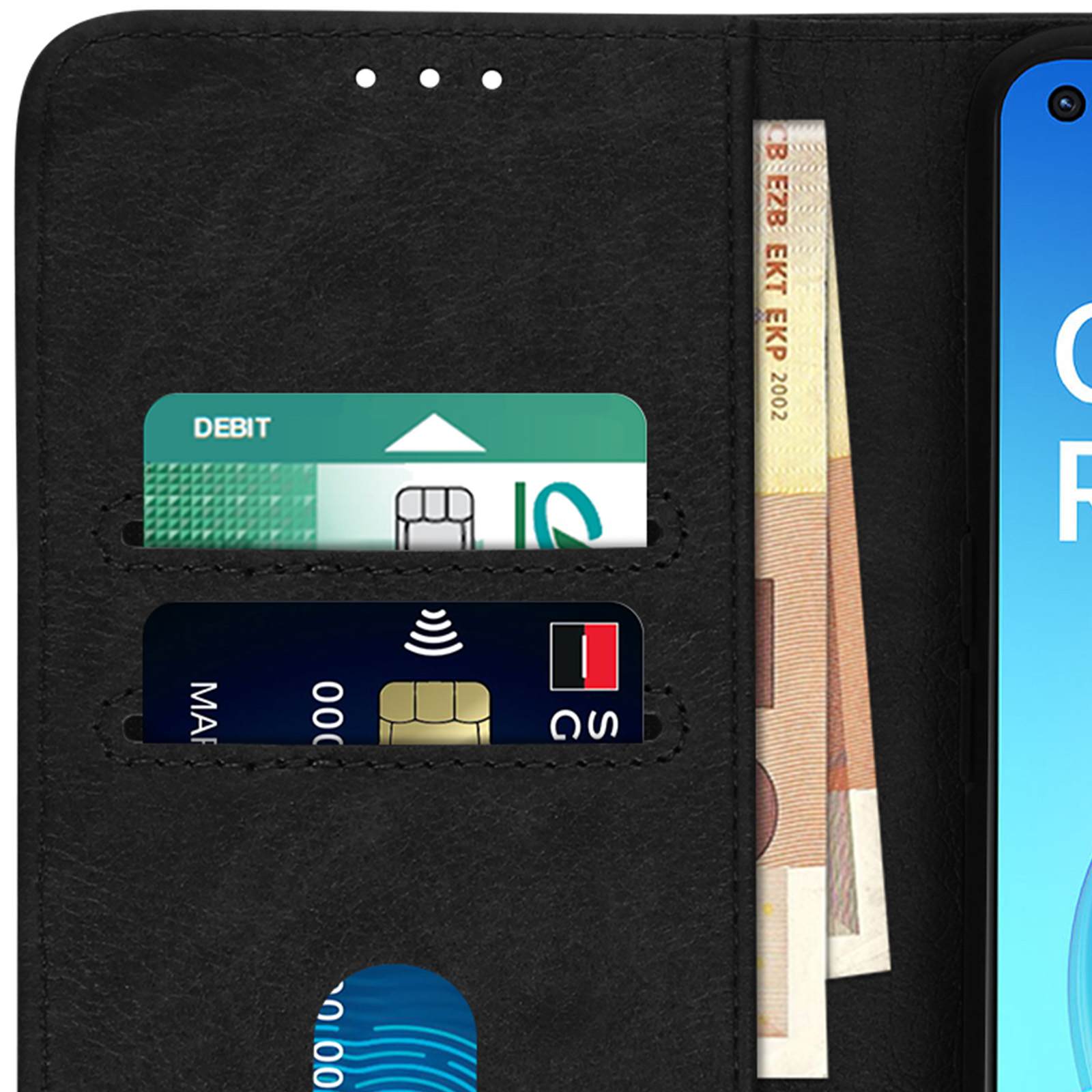 Telefoonhoes open met creditcards en eurobiljetten.