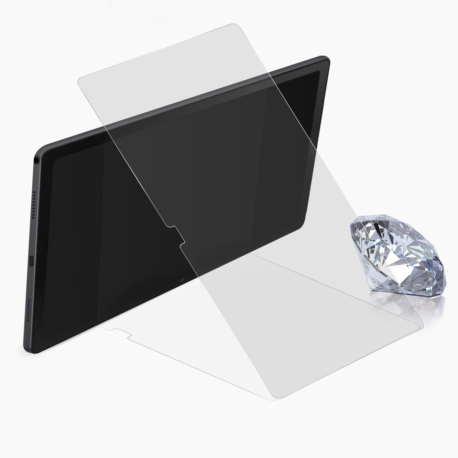 Une tablette avec un protecteur d'écran et un diamant. Le protecteur d'écran est en train d'être appliqué sur la tablette.