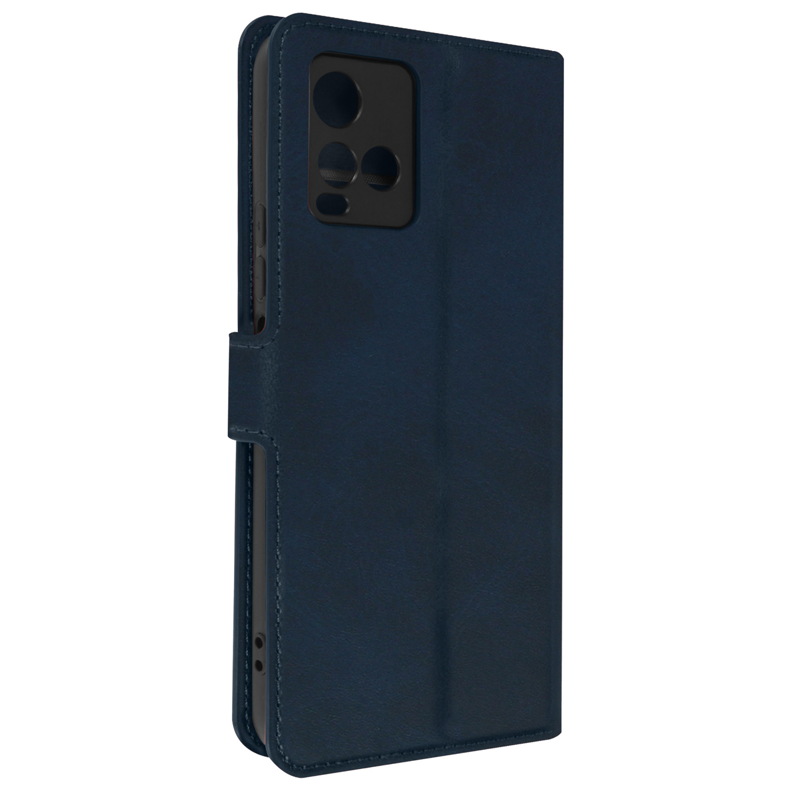 Blauwe telefoonhoes, gesloten. Zijaanzicht. Meerdere cameralenzen. Donkerblauw.