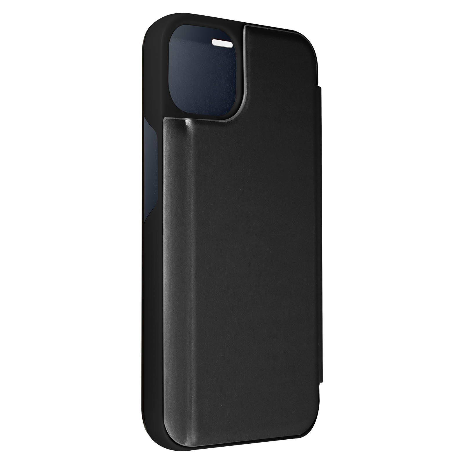 Custodia nera per telefono con porta carte. La custodia è nera. Il design è semplice ed elegante.