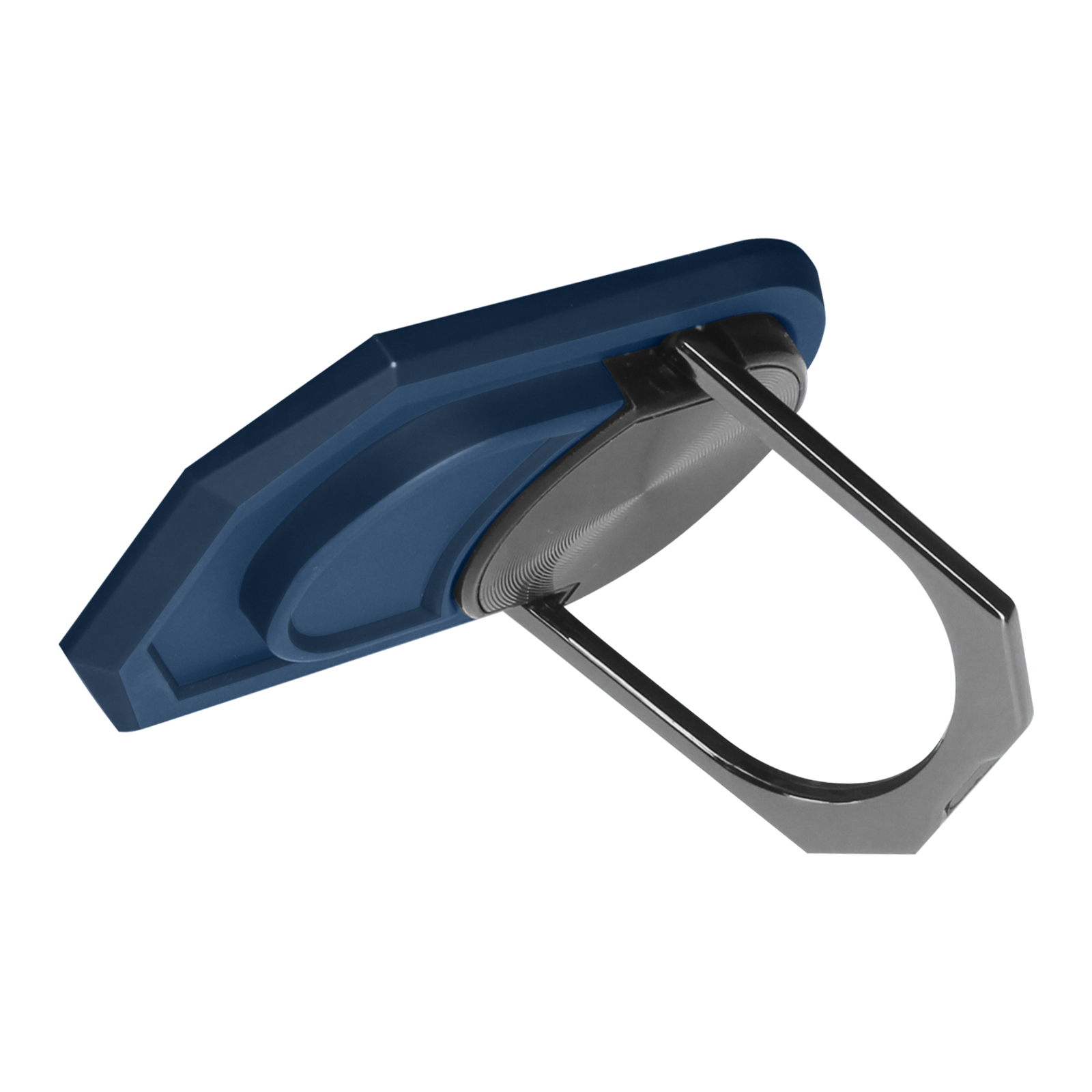 Supporto ad anello per telefono blu, con anello metallico. Sfondo bianco.