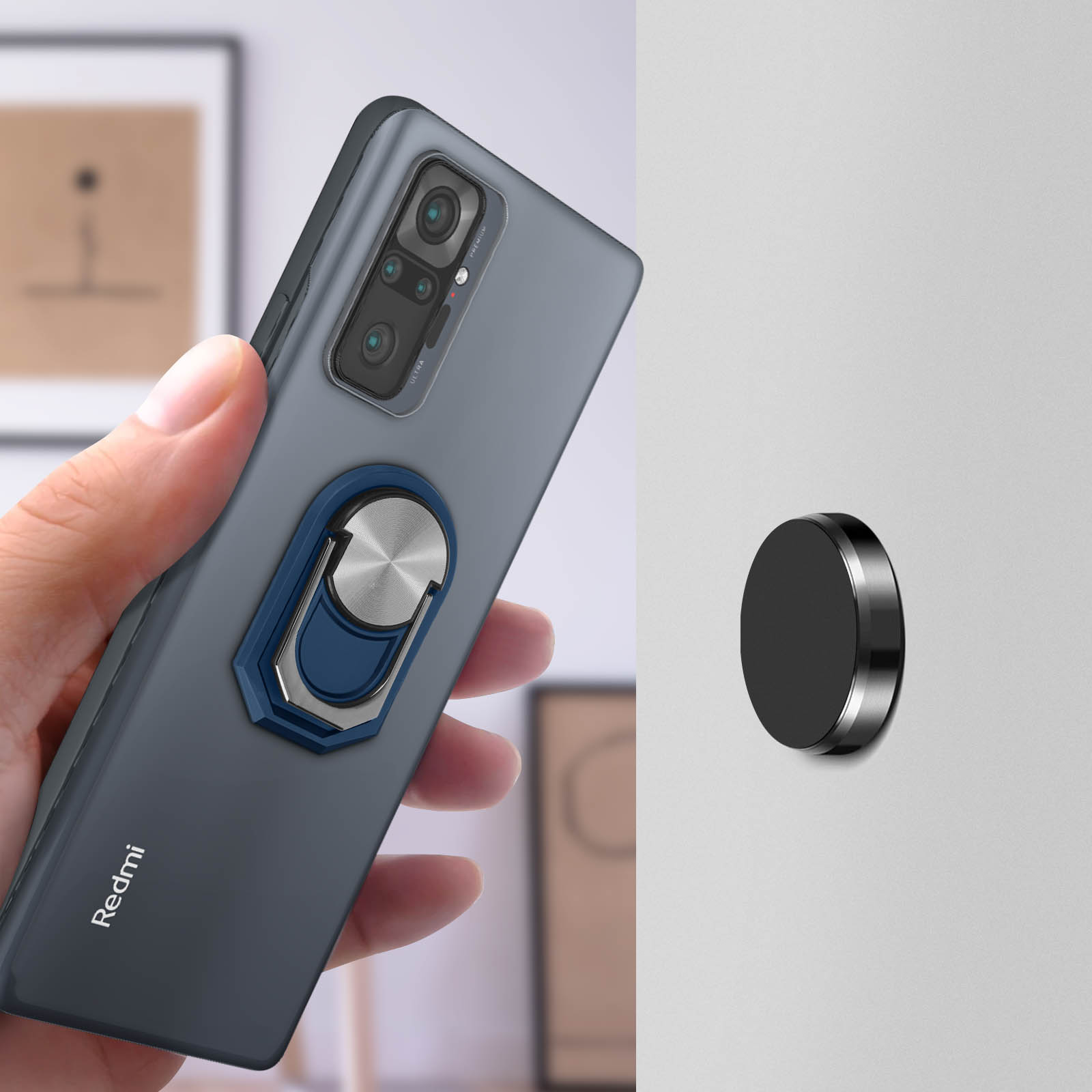 Telefono con anello e magnete. Un magnete è sul muro. Logo Redmi sul telefono.