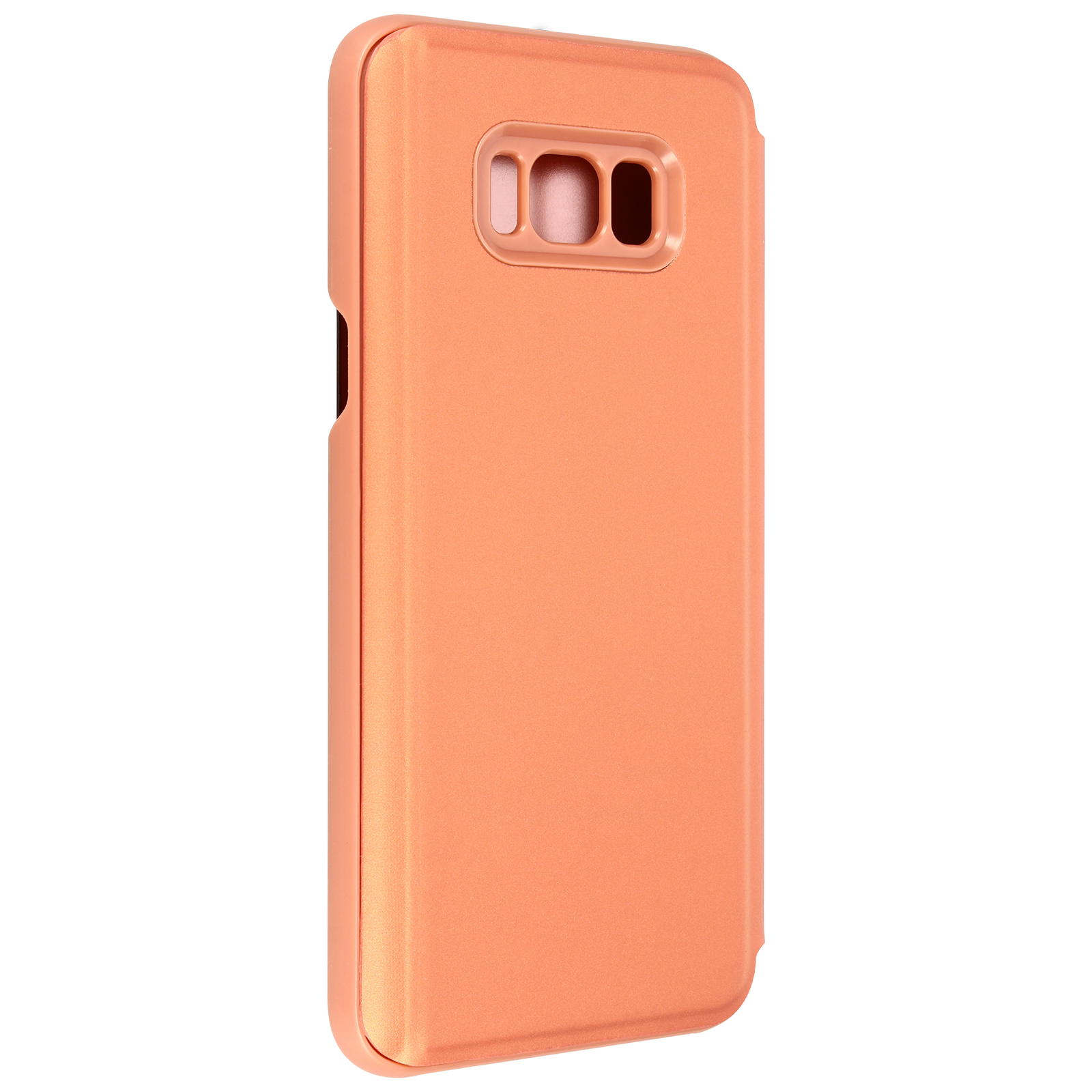 Una custodia per telefono color pesca. La custodia ha un design curvo e un ritaglio per la fotocamera.