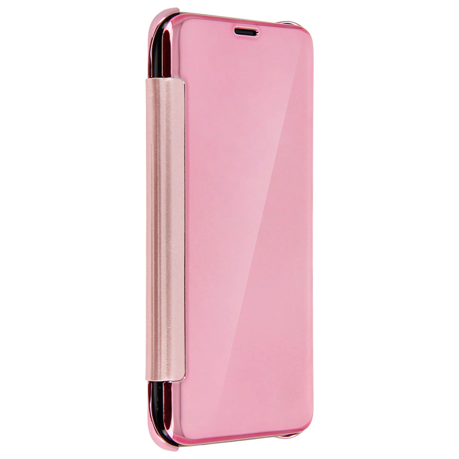 Una custodia per telefono rosa con cover a ribalta, chiusa. Su una superficie bianca.
