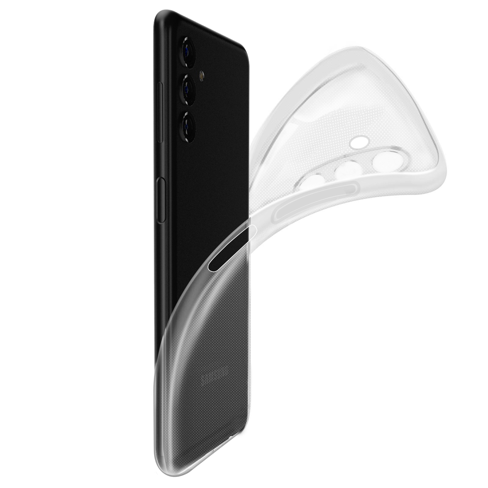 Telefono nero con custodia trasparente staccata. Il telefono è su sfondo bianco.