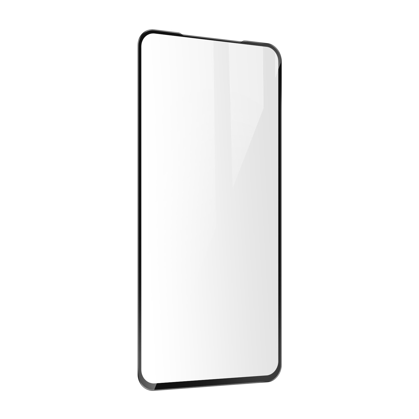 Una protezione per lo schermo dello smartphone. Ha uno schermo trasparente, una cornice nera e angoli arrotondati, isolato su sfondo bianco.