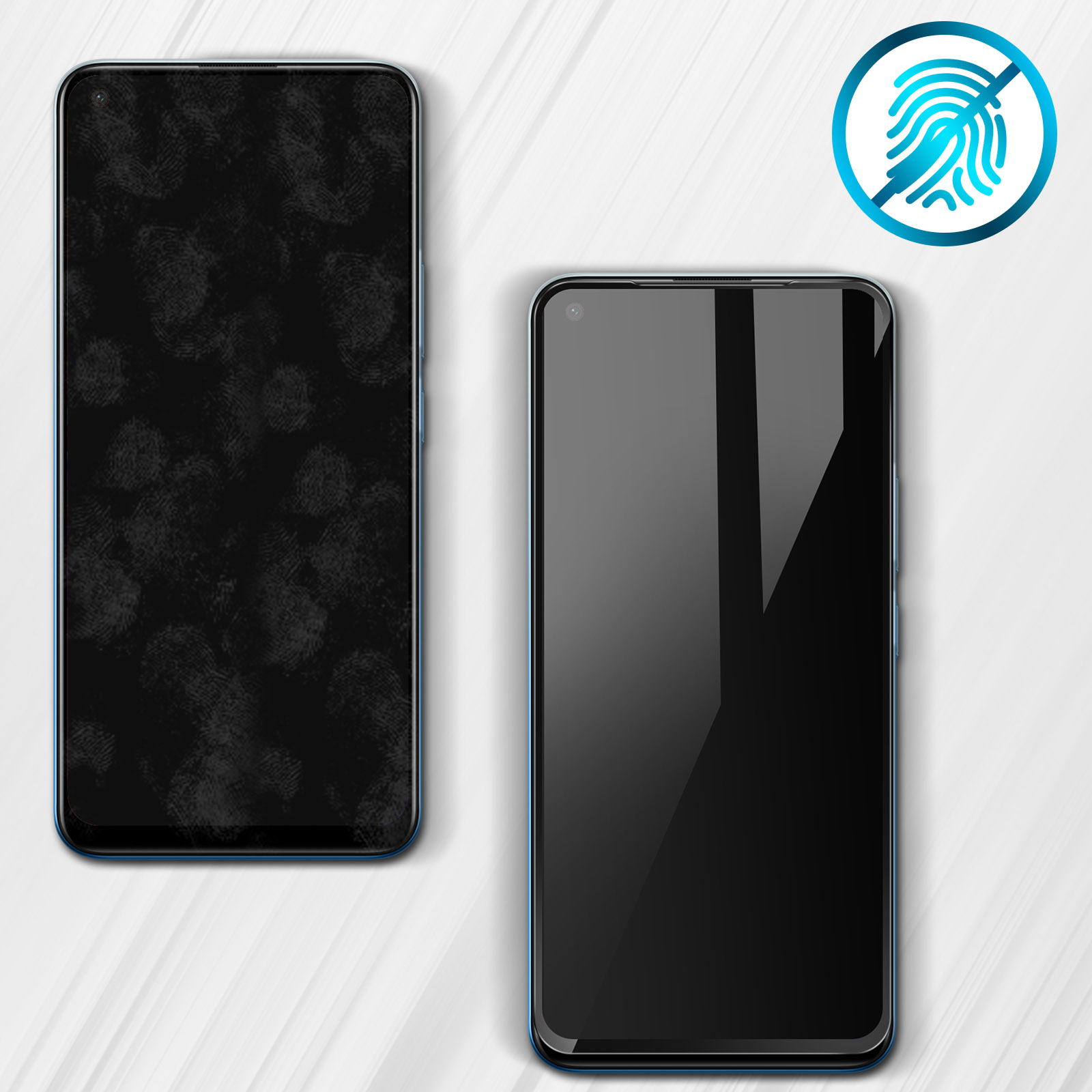 Due smartphone, uno con impronte digitali, l'altro pulito. Un simbolo di impronta digitale sbarrato sullo sfondo.