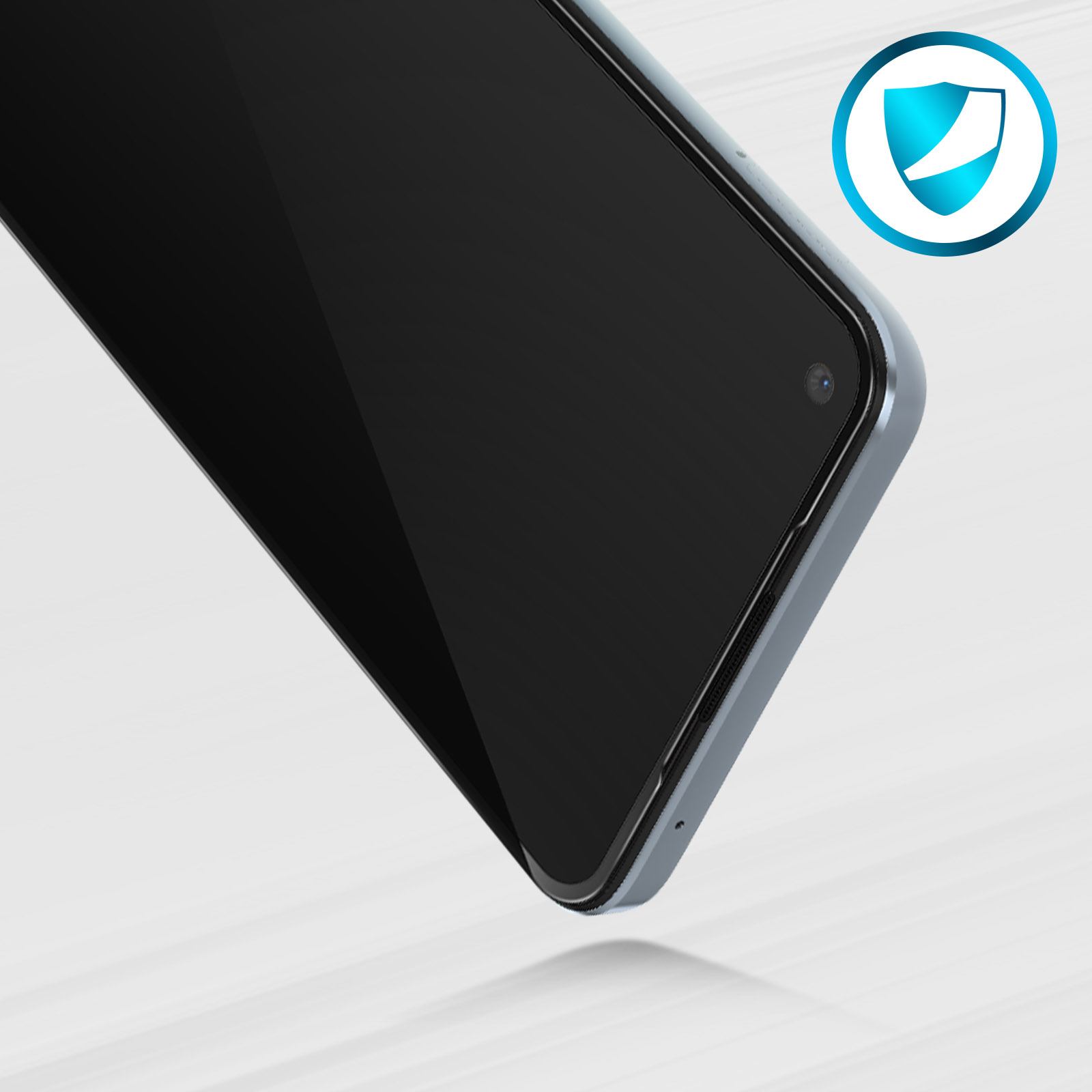 Viene visualizzato uno smartphone con schermo nero. Un'icona a scudo sullo sfondo suggerisce protezione.