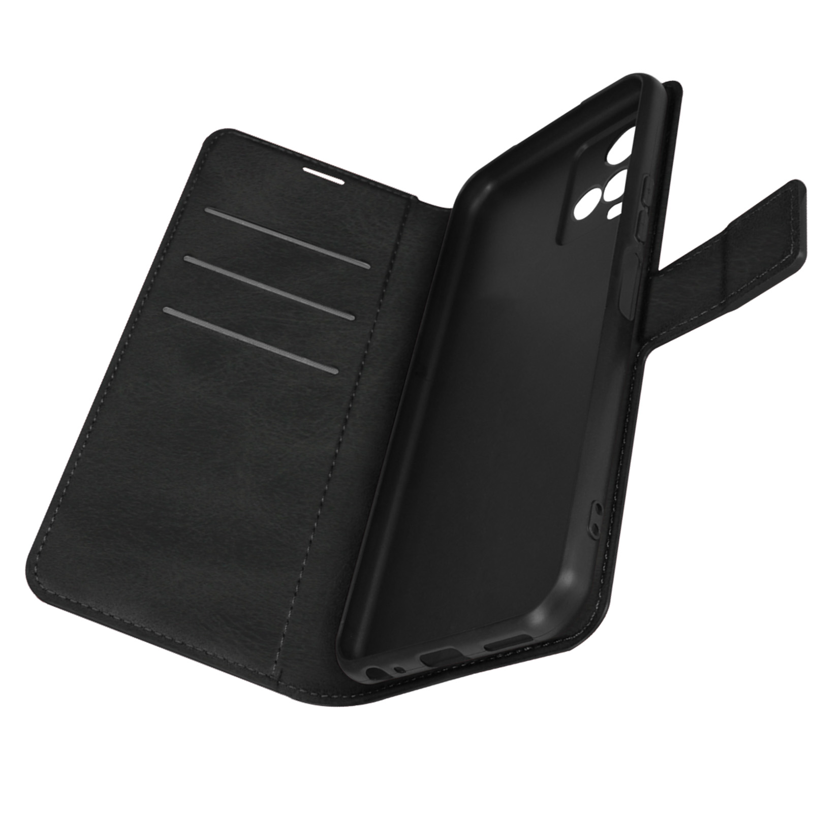 Coque de téléphone noire ouverte. L'intérieur montre une fente pour téléphone et des fentes.