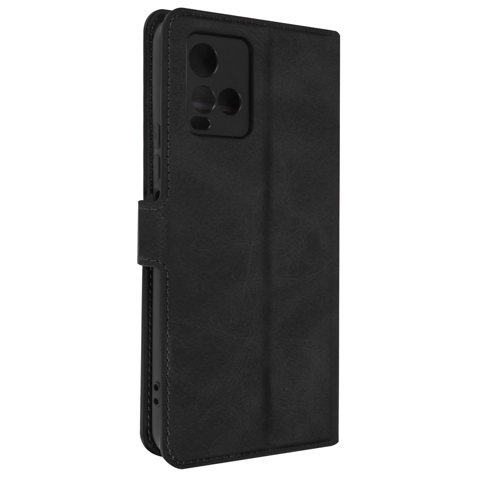 Étui de téléphone noir, fermé. Vue latérale. Multiples objectifs de caméra. Couleur noire.