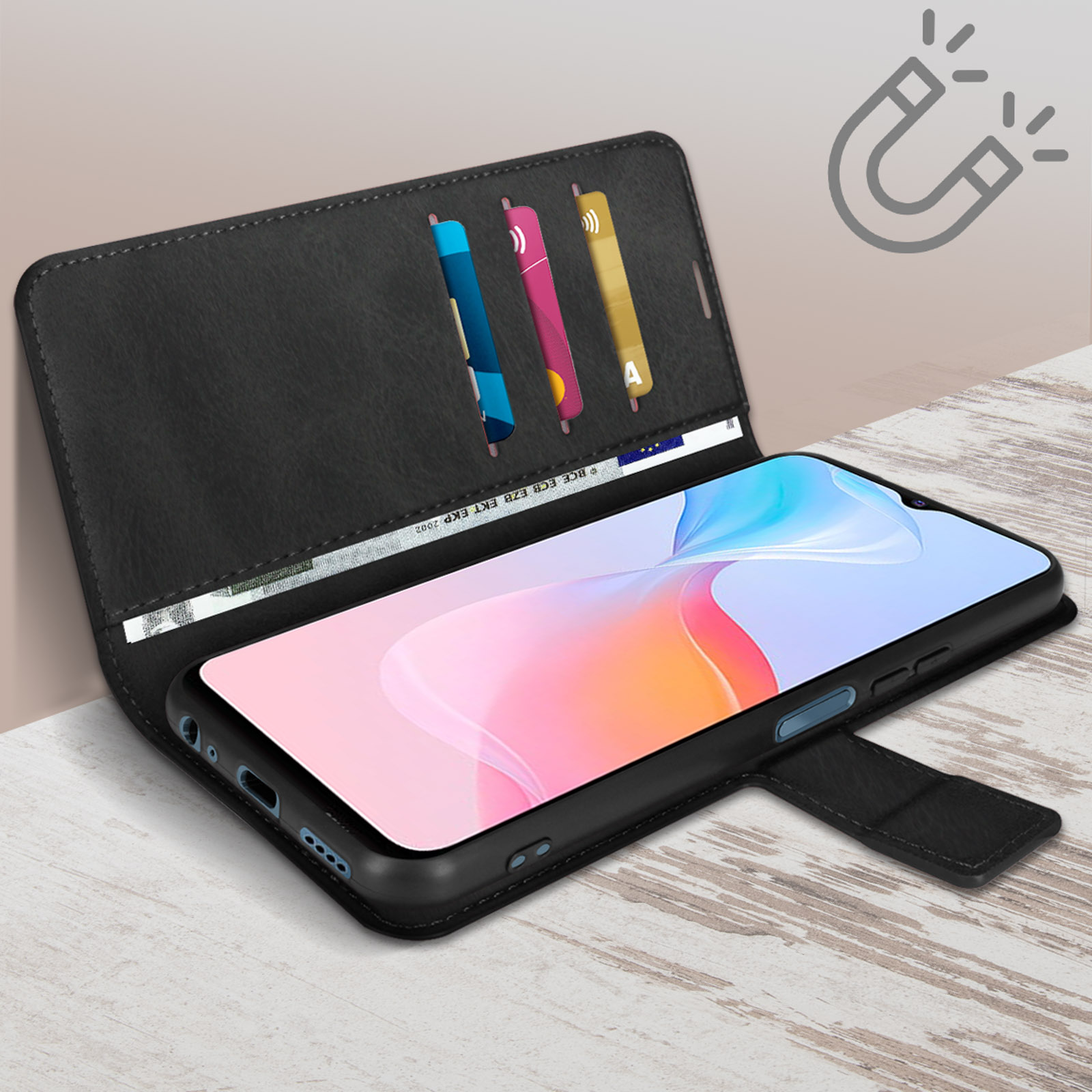 Étui de téléphone noir ouvert, montrant un téléphone. Cartes et argent à l'intérieur. Graphique d'aimant en haut.