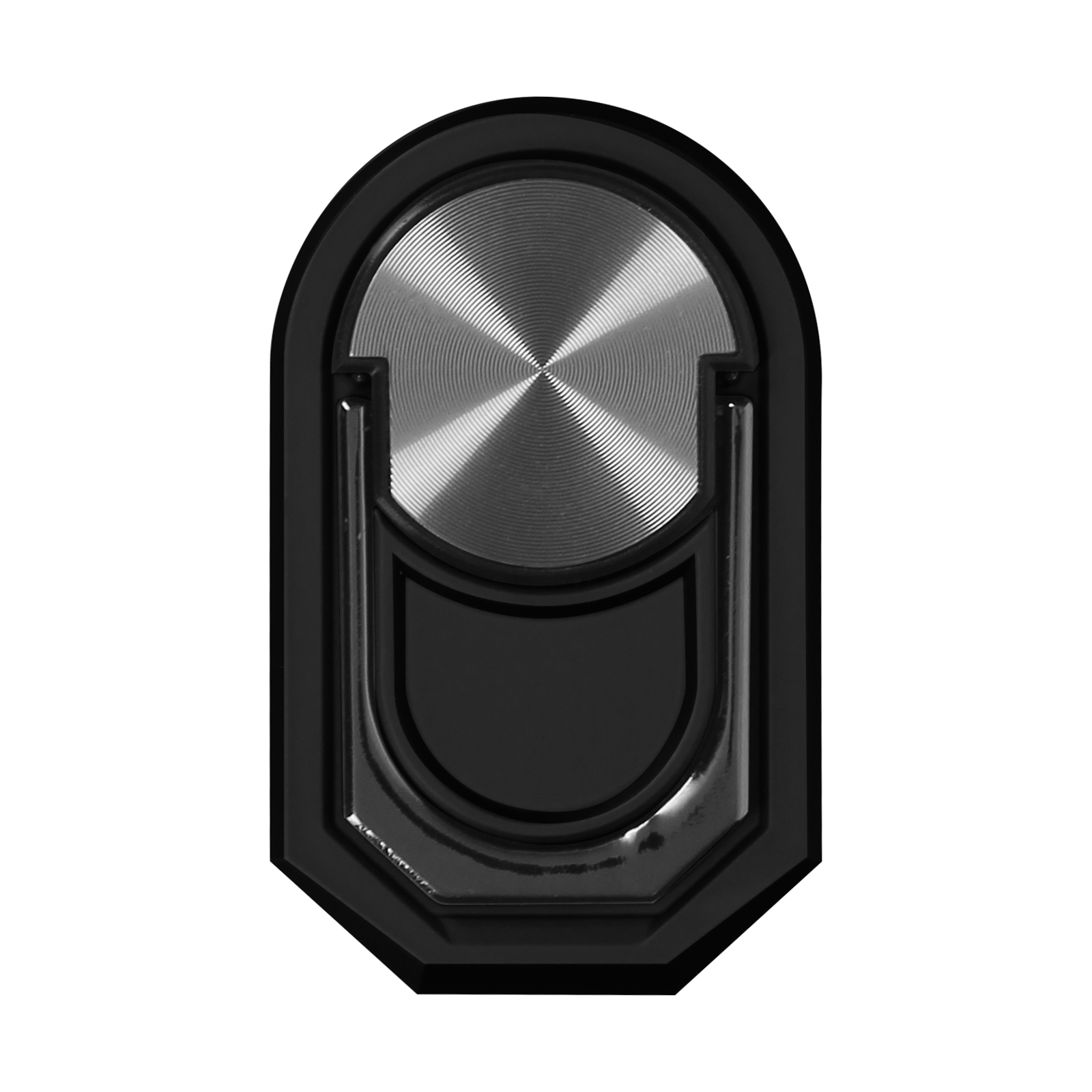 Supporto per telefono nero, bottone circolare argentato in alto, base in plastica nera, isolato.