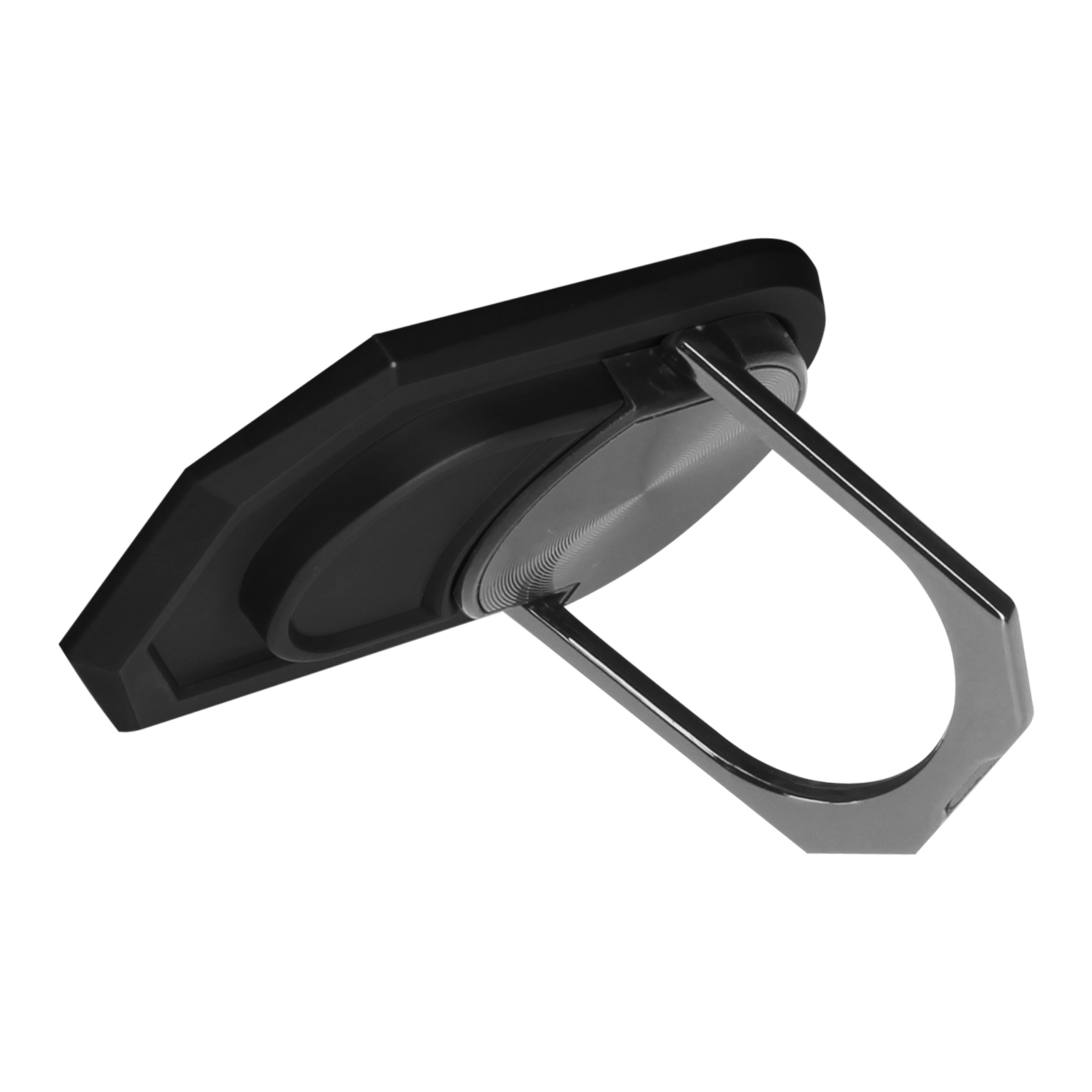 Supporto ad anello nero per telefono su sfondo bianco.
