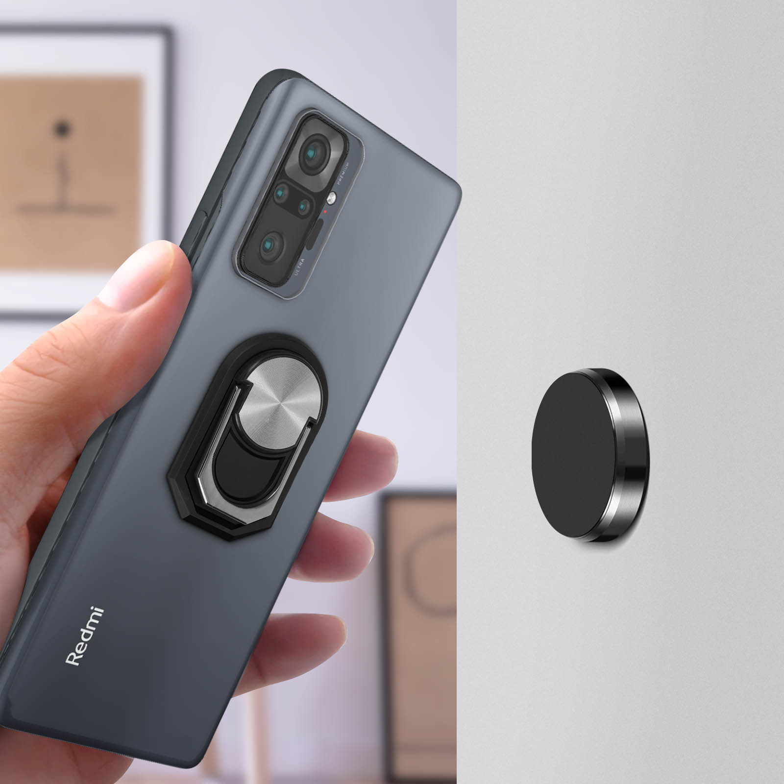 Mano che tiene un telefono con un supporto ad anello, un supporto magnetico separato sulla parete.