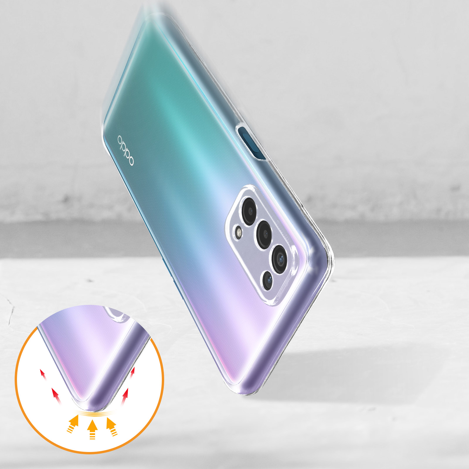 Eine transparente Handyhülle mit einem fallenden Telefon. Die Hülle ist durchsichtig. Pfeile zeigen Aufprallpunkte. Weißer Hintergrund.
