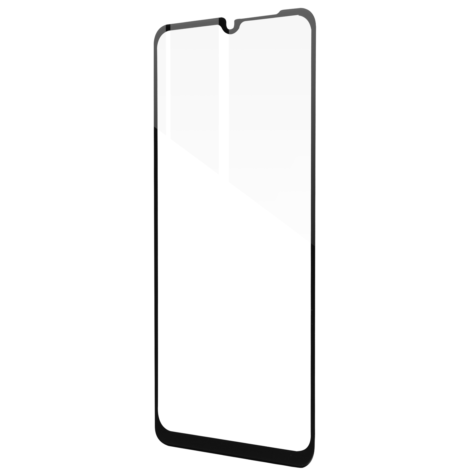 Een schermbeschermer voor een telefoon. Het is rechthoekig, met een gebogen bovenkant en een inkeping. De randen zijn zwart.