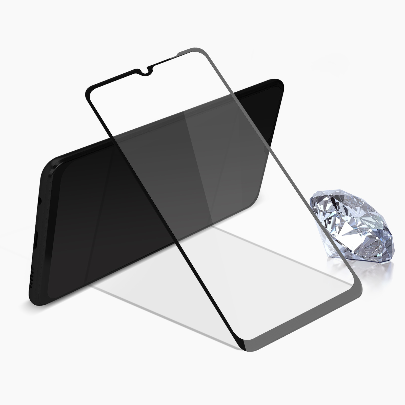 Een zwarte smartphone met een schermbeschermer en een diamant op een witte achtergrond.