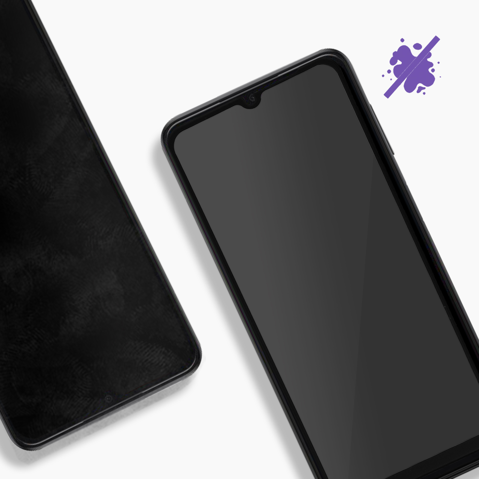 Twee zwarte smartphones op wit. Eén gekanteld. Paarse spetter met een doorgestreept symbool rechtsboven.
