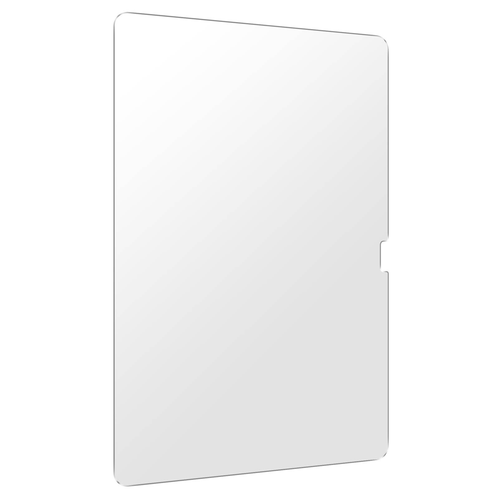 Een heldere schermbeschermer, rechthoekig met een uitsparing voor een tablet.